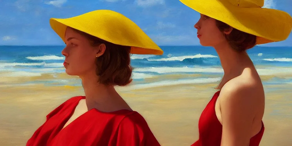 Image similar to beautiful oil matte portrait painting, young woman with red dress and mustard yellow summer hat at a beach on a sunny day, wonderful masterpiece highly detailed, beautiful cinematic light deep focus, elegant, digital painting, smooth, sharp focus, golden ratio, dramatic illumination, ultra realistic, 8 k, art by jimmy law and caravaggio