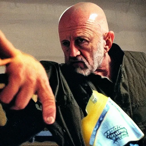 Image similar to mike ehrmantraut fighting another mike ehrmantraut holding a big trout fish big heads from breaking bad and better call saul