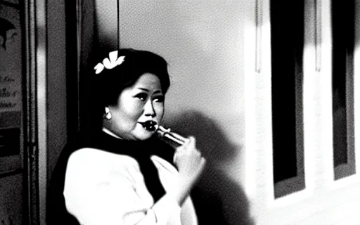 Image similar to A Filipino woman in a tuxedo vapes by the club entrance, film still, b&w, grainy, by F.W. Murnau, chiaroscuro