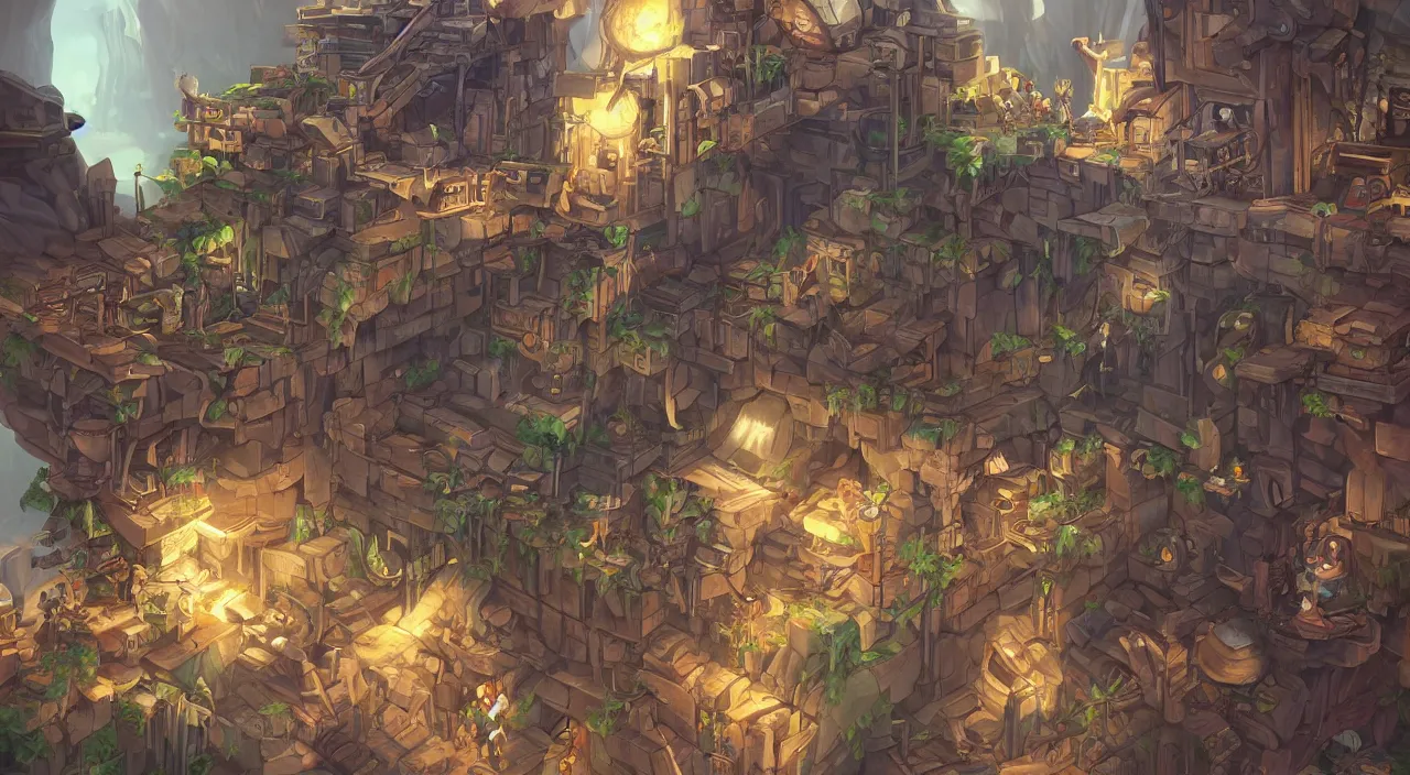 Image similar to open door wood wall fortress airship greeble block amazon jungle vanillaware fanart arstation by sung choi and eric pfeiffer and gabriel garza and casper konefal