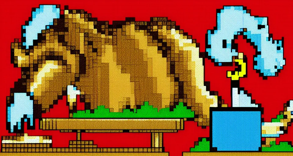 Prompt: Stallion eating cake, pixel art, 16 bit