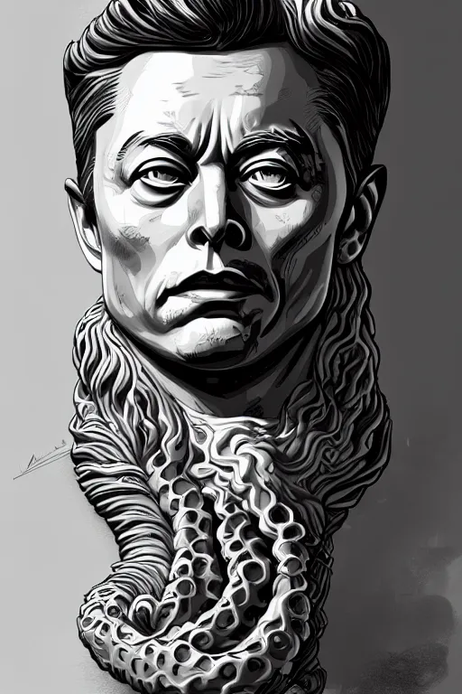 Image similar to digital masterpiece illustration concept art of sideview waist up portrait of porcelain statue of cthulhu as elon musk!!!!, extremely detailed and intricate complexity, epic composition, magical atmosphere, cinematic lighting, wide long shot, trending on artstation, 8 k