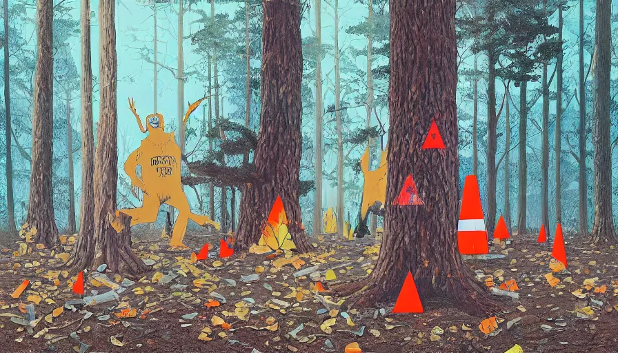 Image similar to safety cones scattered around an oak tree forest, man in bigfoot costume in the distance dancing, by james jean by ilya kuvshinov kintsugi, hyper detailed surrealist painting