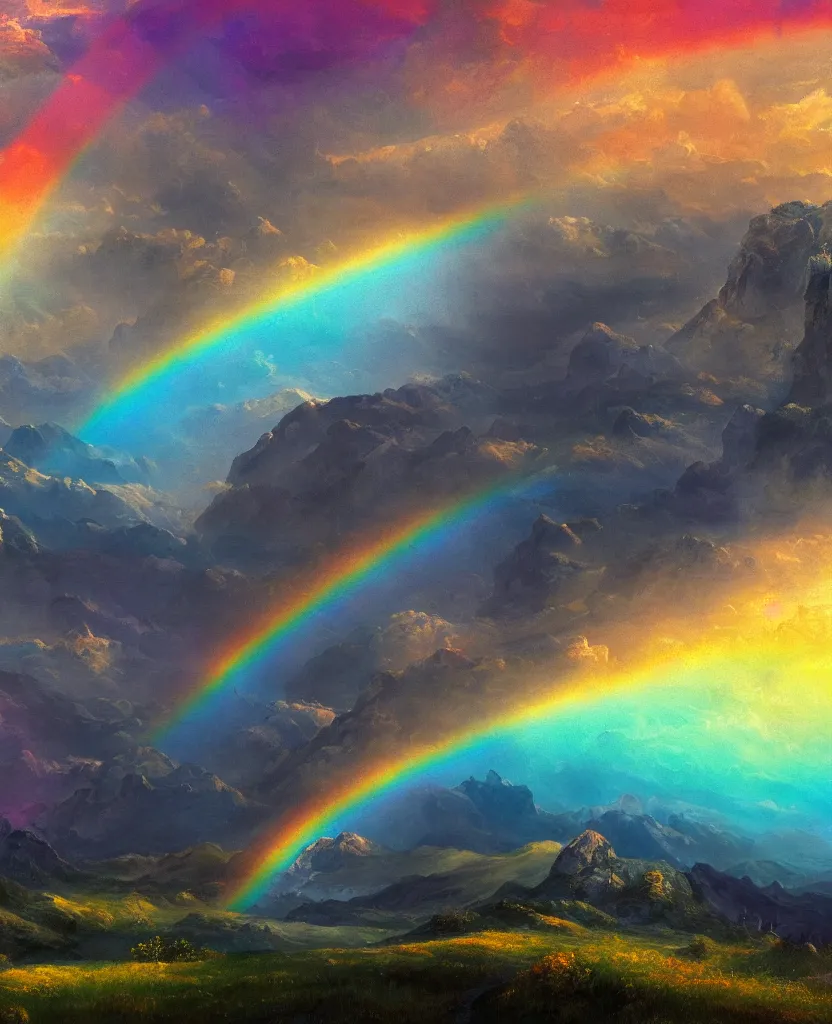 Prompt: enormously detailed hd photo of three parallel rainbows at horizon, landscape with mountains and flowers, concept art, high quality painting, 8K detail post-processing