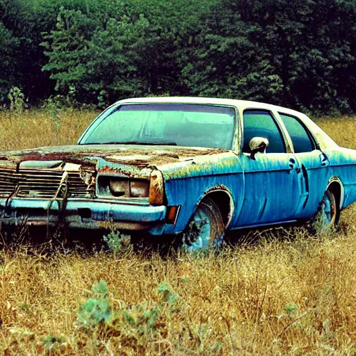 Prompt: A long shot photograph of a rusty, worn out, broken down, decrepit, run down, dingy, faded, chipped paint, tattered, beater 1976 Denim Blue Dodge Aspen in a farm field, photo taken in 1990