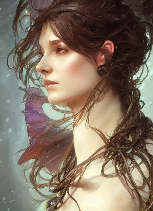 Prompt: up close portrait of a beautiful fae, d & d, face, fantasy, intricate, elegant, highly detailed, digital painting, artstation, concept art, smooth, sharp focus, illustration, art by artgerm and greg rutkowski and alphonse mucha