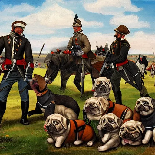 Image similar to Civil War battle of gettysburg but all the soldiers are pugs, painting, painted by michelangelo, 8k
