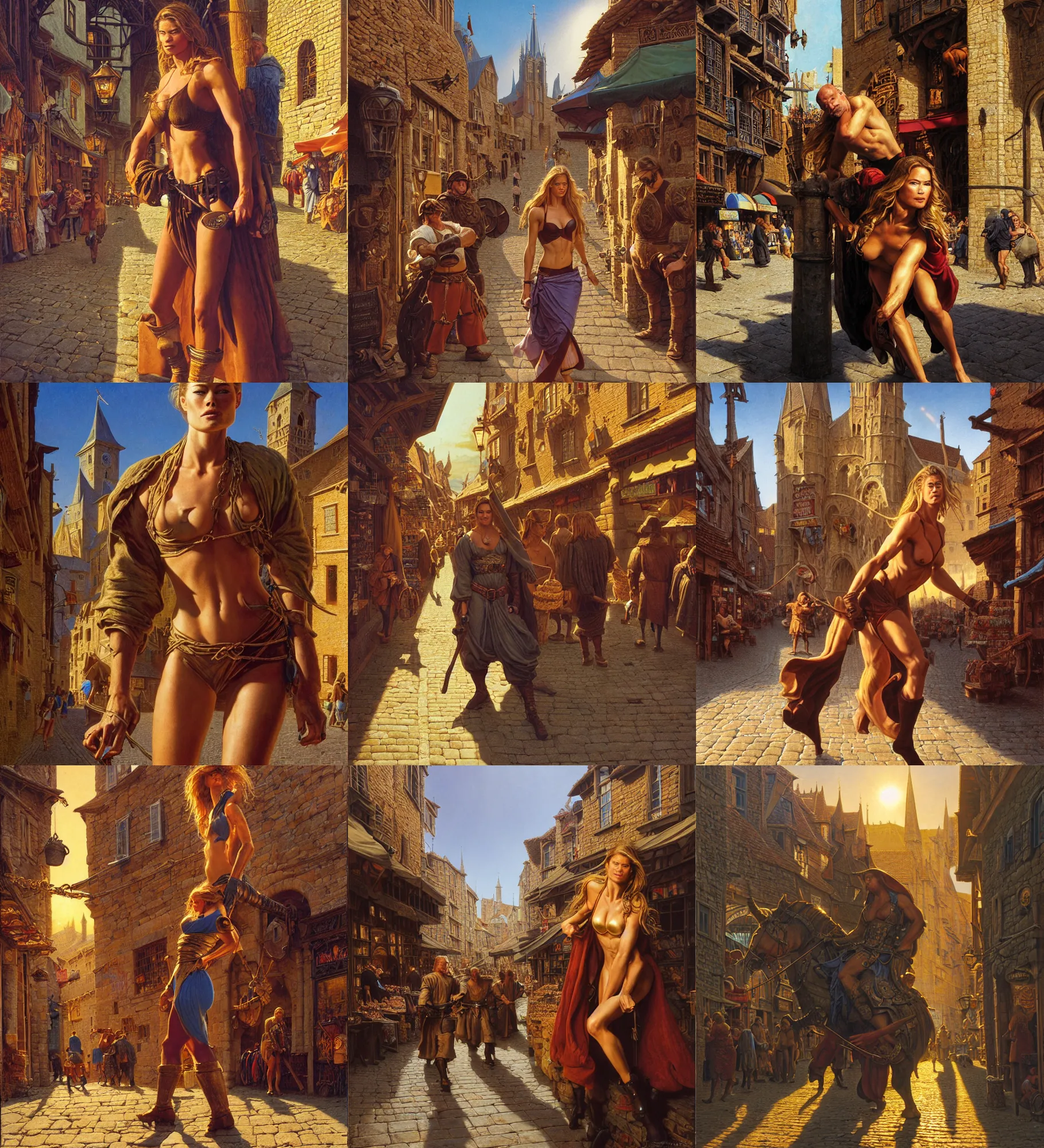 Prompt: close - up portrait of doutzen kroes as muscled thief hanging around a cobbled medieval shopping street, colored market stand, golden hour, sun - rays beams, epic composition, 2 0 0 mm focal length, donato giancola, tim hildebrandt, wayne barlow, bruce pennington, larry elmore