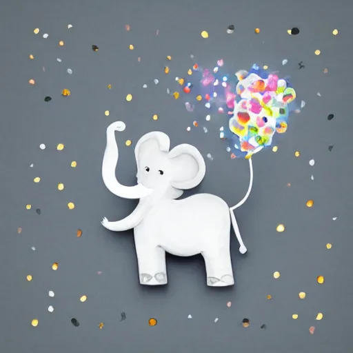 Prompt: watercolor gray baby elephant with trunk up in air and confetti flying in air, white background, blank background