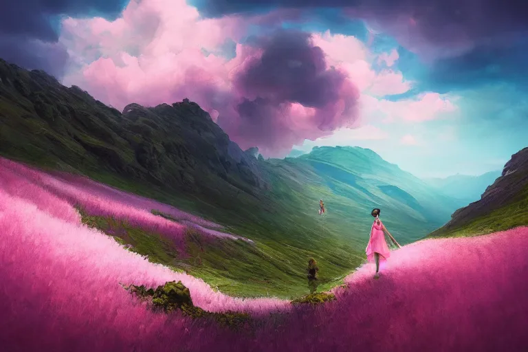 Prompt: giant dahlia flower crown head, girl walking on mountain, surreal photography, pink storm clouds, dramatic light, impressionist painting, digital painting, artstation, simon stalenhag