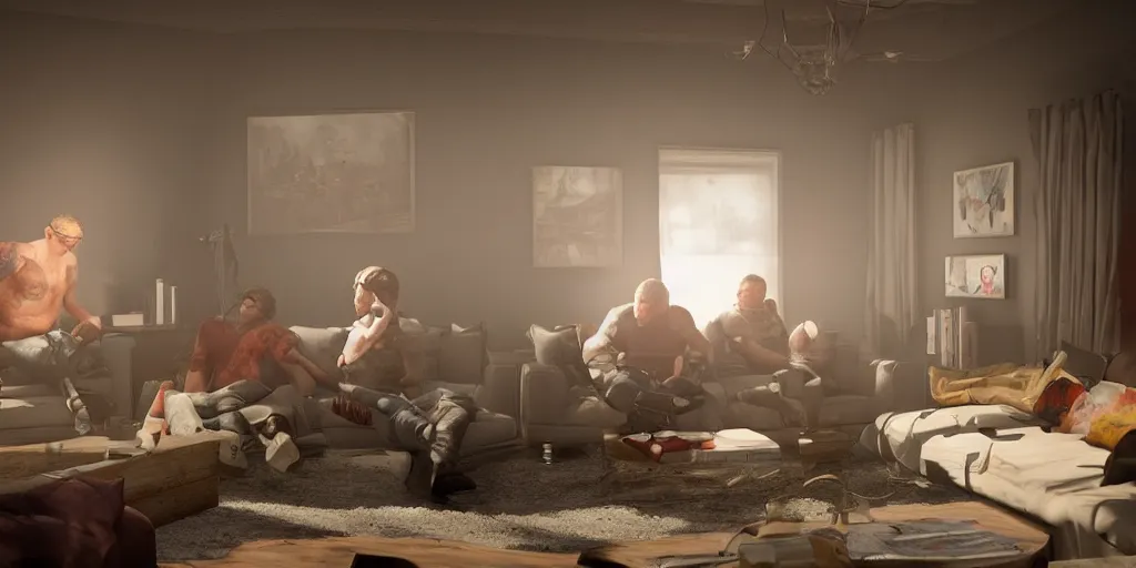 Prompt: Bored guys playing console games in a shabby living room, inspired by Gregory Crewdson, 8k, photorealism, trending on artstation, volumetric lighting, CGsociety