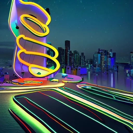 Image similar to Treble clef shaped building, modern, neon, futuristic, hyper realistic, trending on artstation, highly detailed, 8K IMAX, beautiful, digital art