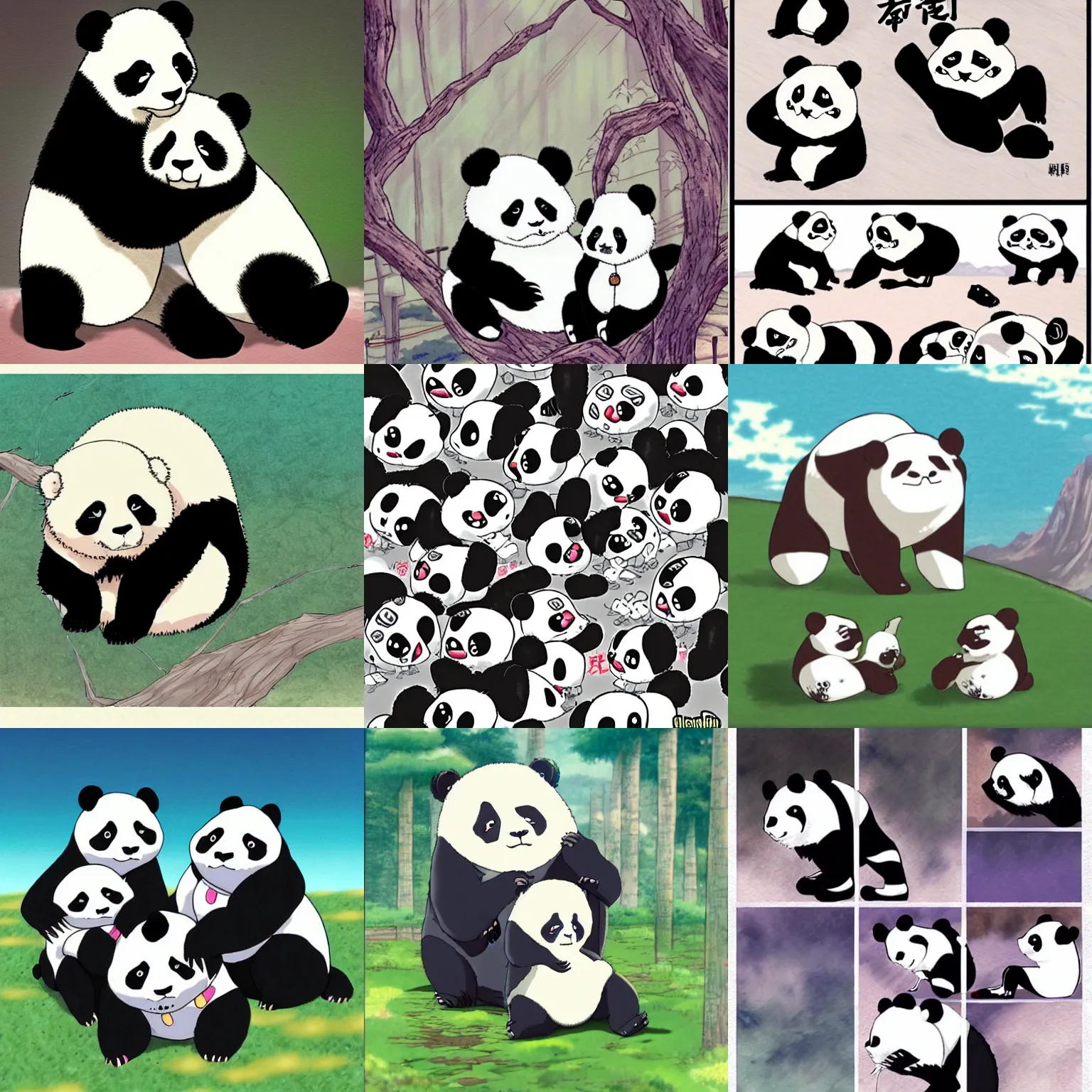 Prompt: pandas in an anime style, miyazaki
