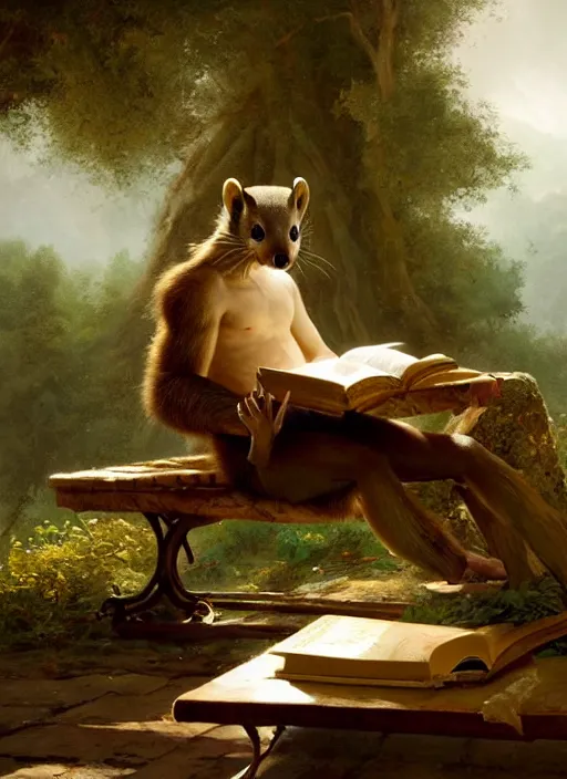 Prompt: a beautiful close - up shot from a fantasy film featuring a humanoid pine marten with golden eyes wearing a loose white tunic reading on a bench. joseph ducreux, greg rutkowski.