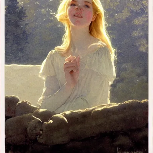 Prompt: Painting of Elle Fanning at the bonfire of firelink shrine, long blonde hair, delicate, pale milky white porcelain skin, by Norman Rockwell and Edward Hopper. Extremely detailed.