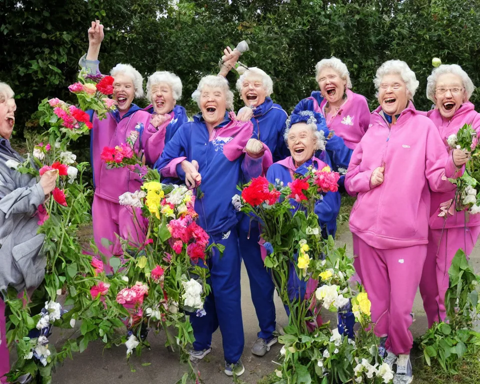 Prompt: a gang of old ladies waving flowers and pitch-forks, and wearing track suits laughing maniacally and screaming