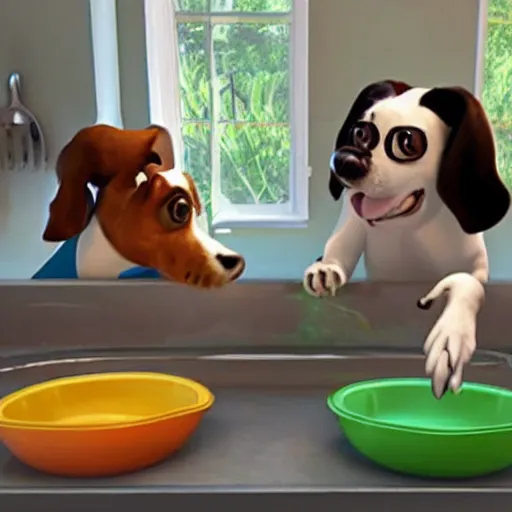 Prompt: two dogs doing dishes, pixar style