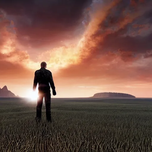 Prompt: putin in a cast and wounded standing at the edge of a large cornfield staring out in the distance at a sunset, photography, highly detailed landscape, intense fantasy atmospheric lighting, hyperrealistic, spectacular mountains, bright clouds, luminous stellar sky, solar flare unreal engine, hd