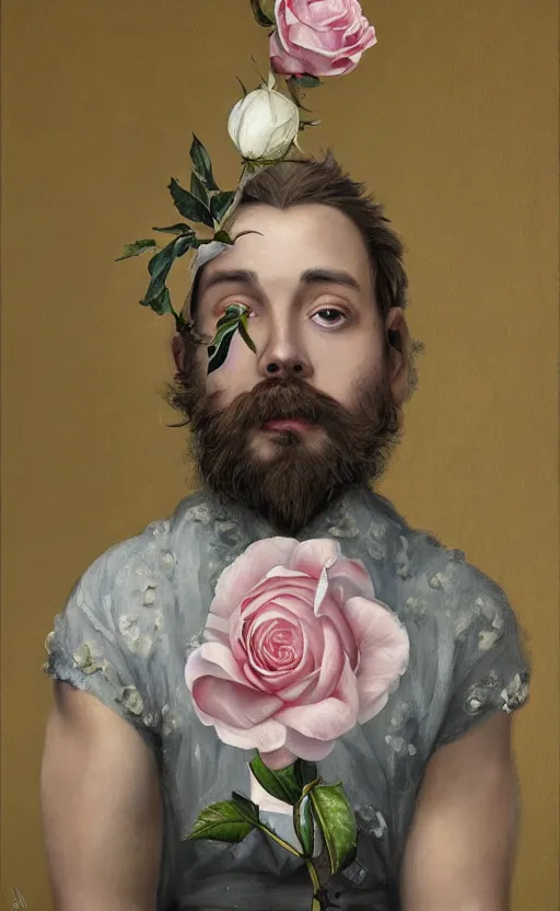 Image similar to a painting of a young bearded man holding a white rose and a stick, jester hat, small dog, a surrealist painting by marco mazzoni, cgsociety, neo - figurative, detailed painting, rococo, oil on canvas, seapunk, lovecraftian