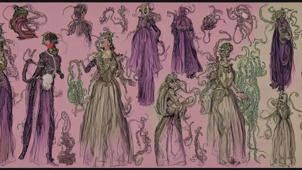 Image similar to highly detailed colorful character sheet for a stocky alien extraterrestrial victorian female servant maid with thick snake - like tentacles instead of hair, long dress with apron, mucha, ernst haeckle, jim henson creature shop, digital art, trending on artstation, hd, 8 k, good lighting, beautiful, rough paper, masterpiece