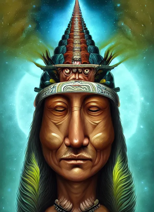 Prompt: matte symmetrical portrait of a wizard of the mayan tribe revealing the ancient secret of how life entered the cosmos, noble bearing. by hieronymus bosch, cyril rolando, esher and natalie shau, whimsical, profound, impossible. trending on devaintart.
