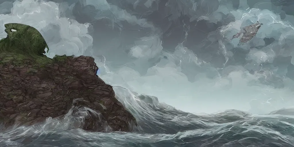 Prompt: friendly stone giant standing in sea protecting small island city from tidal wave, low angle, concpet art, digital painting, high detail
