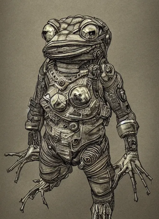 Image similar to cyberpunk frog, concept art, colorized pencil, highly detailed, Akihiko Yoshida