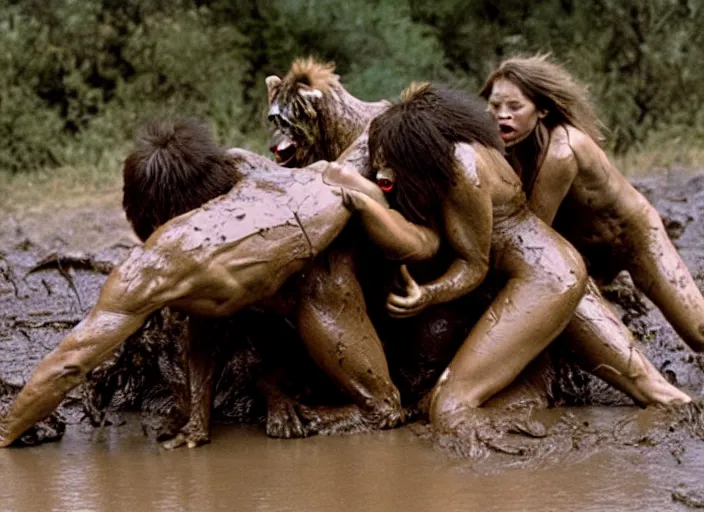 Prompt: four cavewomen mud wrestling a mountain lion, movie still photograph taken by richard kern, from the movie clan of the cave bear, 8 k, realistic