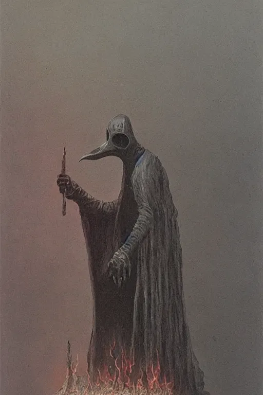 Image similar to plague doctor from iron gridle but human form, destroyed city and flames by zdzislaw beksinski, color