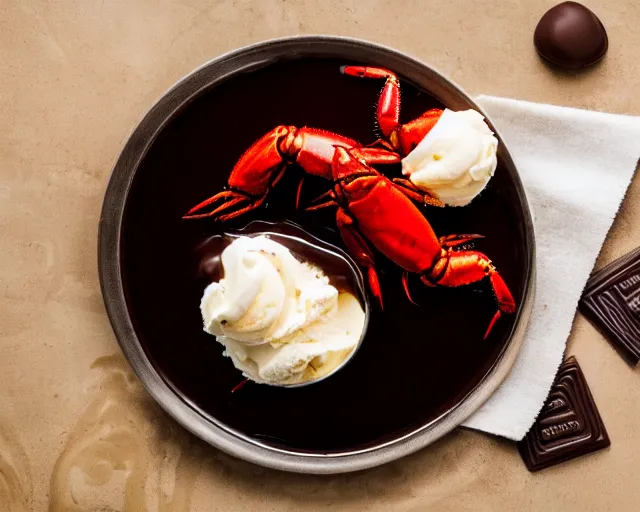 Image similar to dslr food photograph of vanilla ice cream with crawfish, some chocolate sauce, 8 5 mm f 1. 4