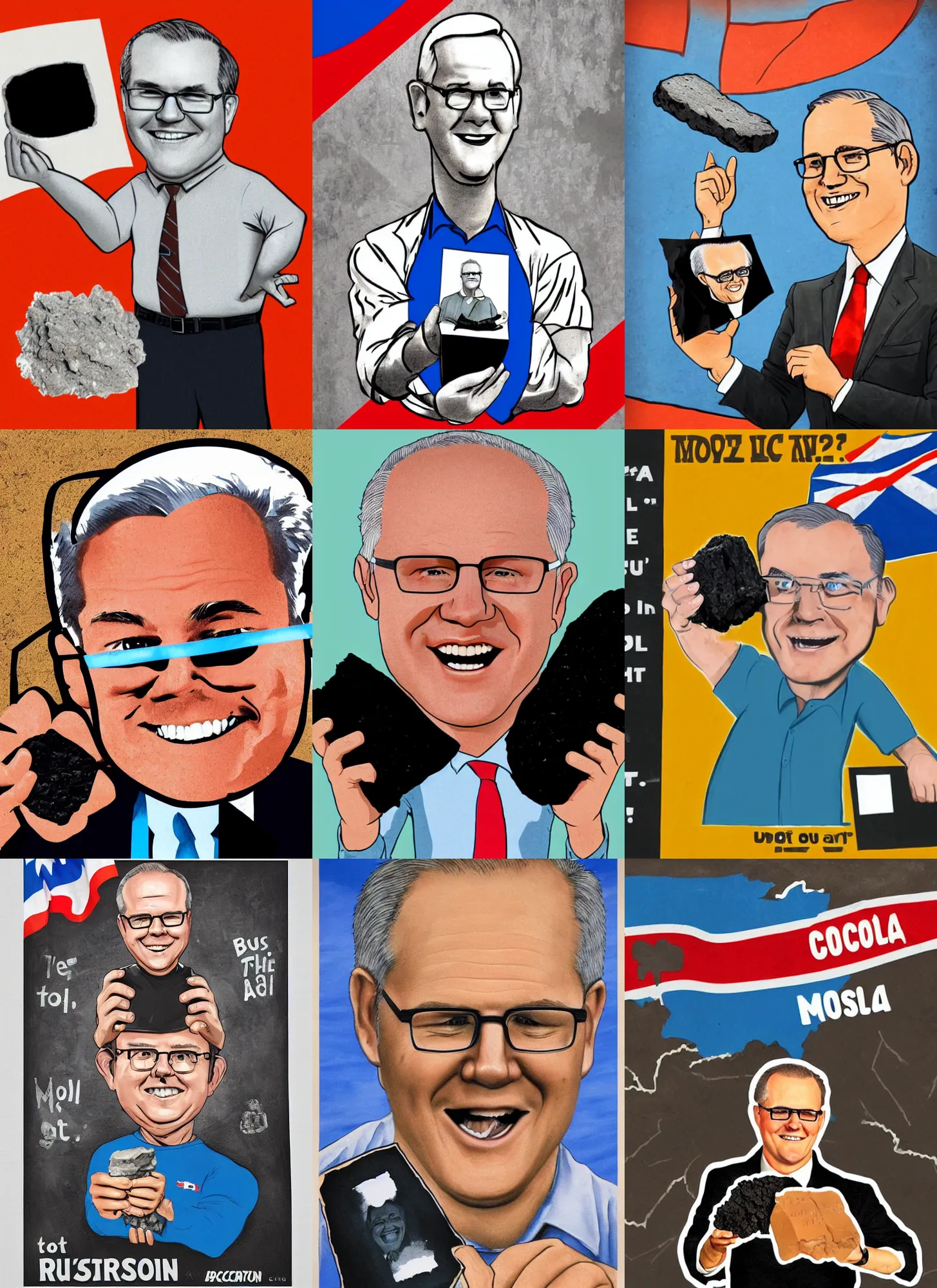 Prompt: a poster of scott morrison holding up a piece of coal with a big smile on his face, in the art style of russian propaganda