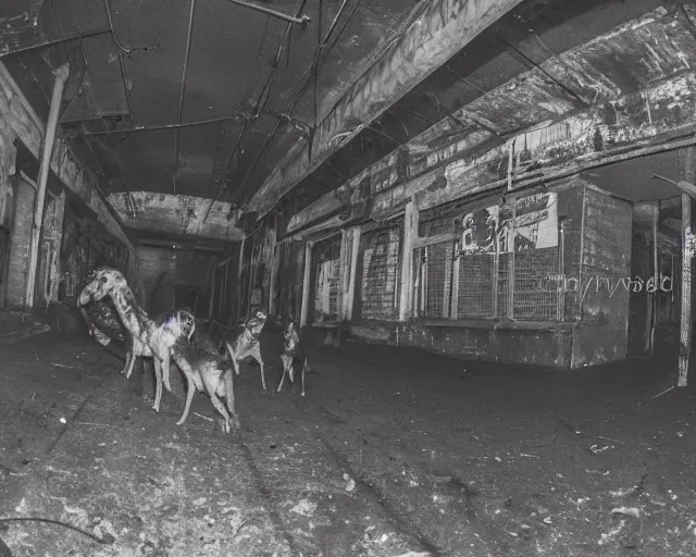 Image similar to camera footage of a Dozens of Feral Black Dogs with rabies running in an abandoned shopping mall, high exposure, dark, monochrome, camera, grainy, CCTV, security camera footage, timestamp, zoomed in, Feral, fish-eye lens, Nightmare Fuel, Dog, Evil, Zerg, Brood Spreading, Motion Blur, horrifying, lunging at camera :4