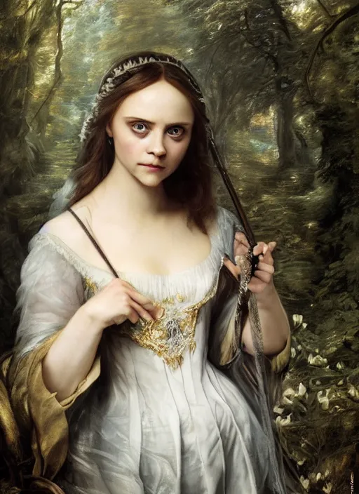 Image similar to Beautiful elsa, Looks like Christina Ricci, In the woods, Dramatic, Edge, Good, Infused, Backlight, De-Noise, VFX, insanely detailed and intricate, hypermaximalist, elegant, ornate, hyper realistic, super detailed, by Anthony Van Dyck, by Ivan Shishkin, by John Constable