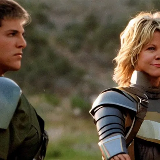 Prompt: Meg Ryan is a soldier fighting in the battlefield dressed as a power ranger