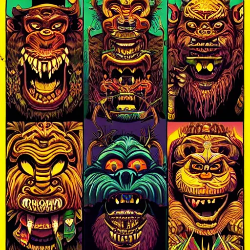 Image similar to barong family, wiwek, mara demon, one single tribe member, jungle, one single mask, dark, ancient warrior, stupid dump gorilla, tribal, inner glow, art by dan mumford and justin gerard