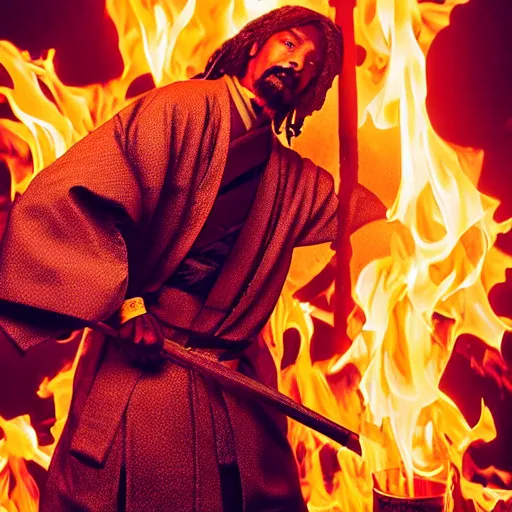 Image similar to cinematic film still of Snoop Dogg starring as a Samurai holding fire, Japanese CGI, VFX, 2022, 40mm lens, shallow depth of field, film photography