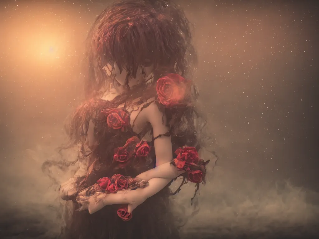 Image similar to cute fumo plush of a gothic maiden girl clutching lots of decayed roses, stale twilight, swirling vortices of emissive smoke and volumetric fog over the river, bokeh, 5 0 mm, vignette, vray