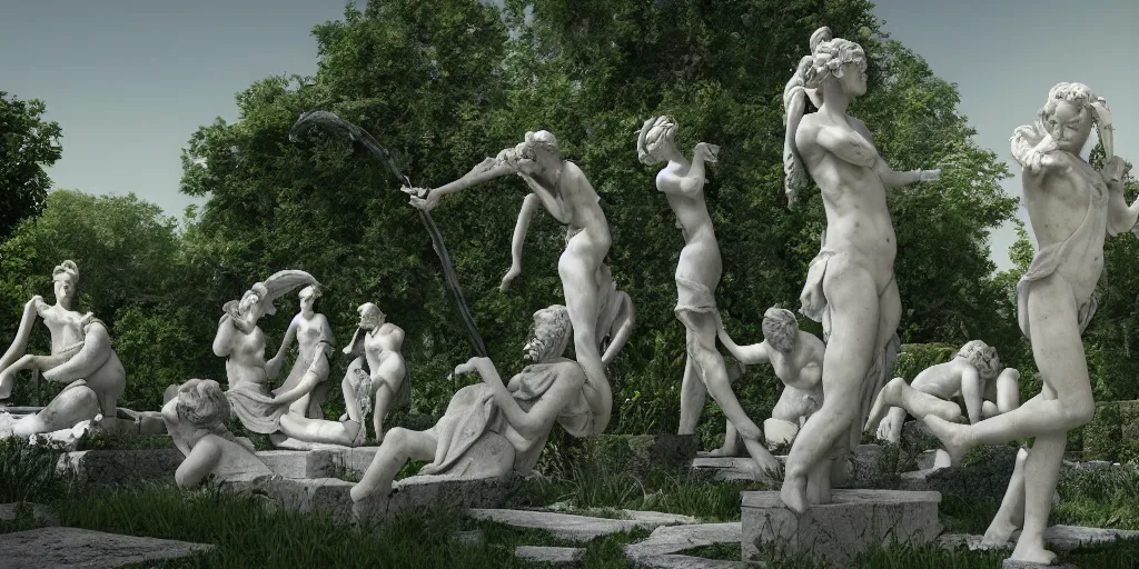 Image similar to Garden Utopia, surrealism, outside, high detailed beautiful Greek marble statues, mind puzzles, intricate artwork by caravaggio. Trending on artstation, octane render, cinematic lighting from the right, hyper realism, octane render, 8k, depth of field, 3D