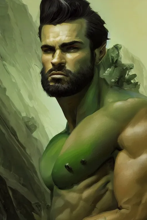 Image similar to the ultimate gigachad, incredibly handsome muscular man with chiseled jawline, black hair, green eyes by Nuri iyem, James gurney, James Jean, Greg Rutkowski, highly detailed, trending on artstation, artstationHD, artstationHQ, 4k, 8k