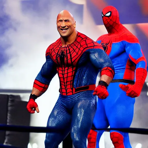 Prompt: dwayne johnson smackdown entrances wearing spiderman costumes, camera angle
