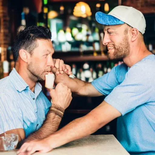 Prompt: 90mm color photo of a man elbowing another man at the local pub
