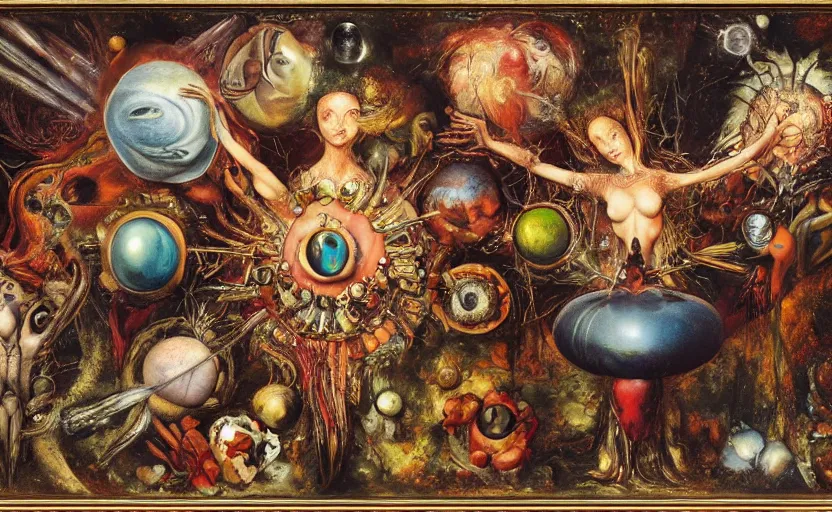 Image similar to an oil painting by arcimboldo, by georgia o keeffe, by botticelli, by giger, by frank frazetta, by gustave moreau, by beksinski, seen through a kaleidoscope, vanity, broken, nerve system, medical, jewels, nebula, space, tonalism, merged