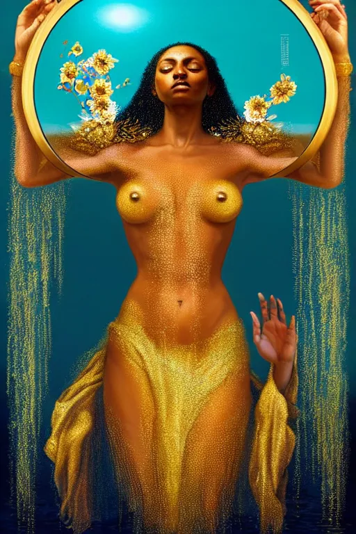 Prompt: hyperrealistic neo - renaissance cinematic super expressive! oshun goddess with droplet armor, staring at herself in a liquid mirror, gold flowers, highly detailed digital art masterpiece, smooth etienne sandorfi eric zener dramatic pearlescent soft teal light, ground angle uhd 8 k, sharp focus