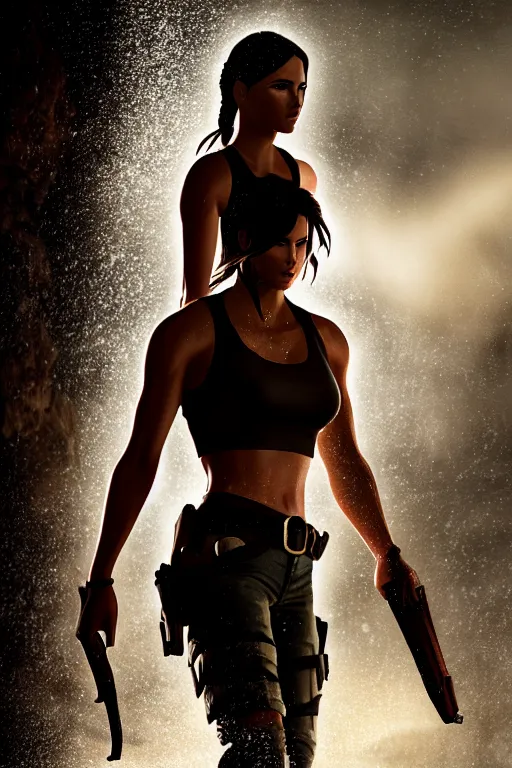 Image similar to cinematic of lara croft as cowboy, dramatic rain, 8 k, moody lighting