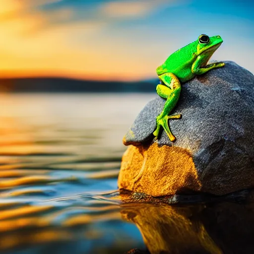 Prompt: A beautiful frog on top of a rock in a lake, with sunset, realistic photo, well detailed