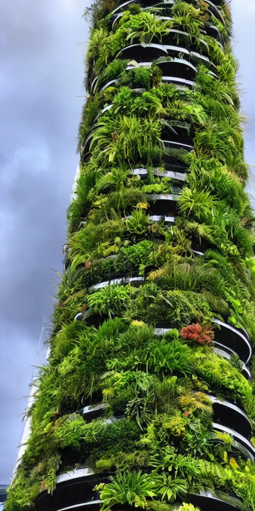 Image similar to the auckland sky tower covered in a living wall made from nz endemic plants. patric blanc