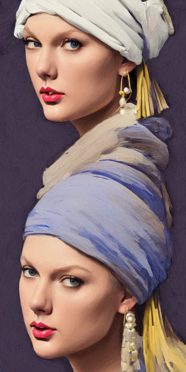 Image similar to Taylor Swift as the girl with the pearl earring, highly detailed, digital painting, artstation, concept art, smooth, sharp focus, illustration, ArtStation, art by artgerm and greg rutkowski and alphonse mucha and J. C. Leyendecker and Edmund Blair Leighton and Katsuhiro Otomo and Geof Darrow and Phil hale and Ashley wood and Ilya repin and Charlie Bowater