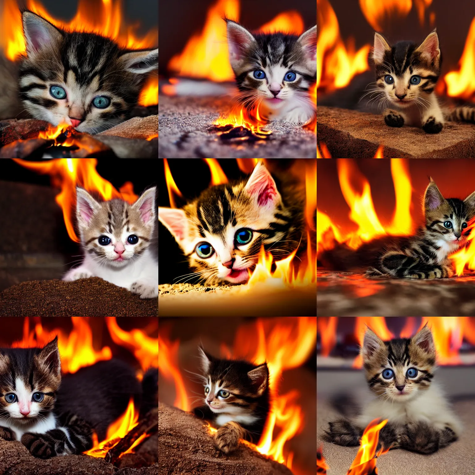 Prompt: extreme long shot of a cute kitten burning , laying in fire, at night, award winning photo, high detail, atmospheric, 8k