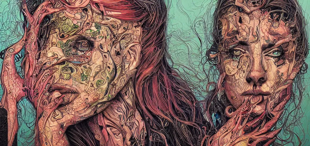 Image similar to peripheral abomination lobotomy, in the style of adi granov, colourful hand drawing, beautiful faces, dramatic, tragic, intricate, detailed, beautiful