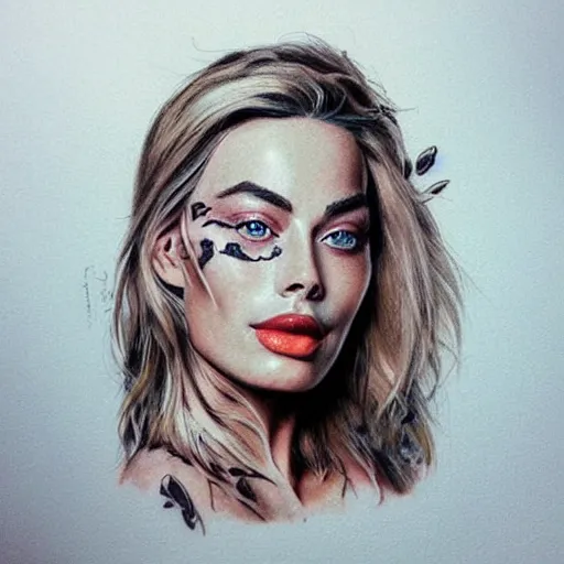 Image similar to face morph tattoo design sketch of margot robbie blended in beautiful mountain scenery, in the style of den yakovlev, amazing detail